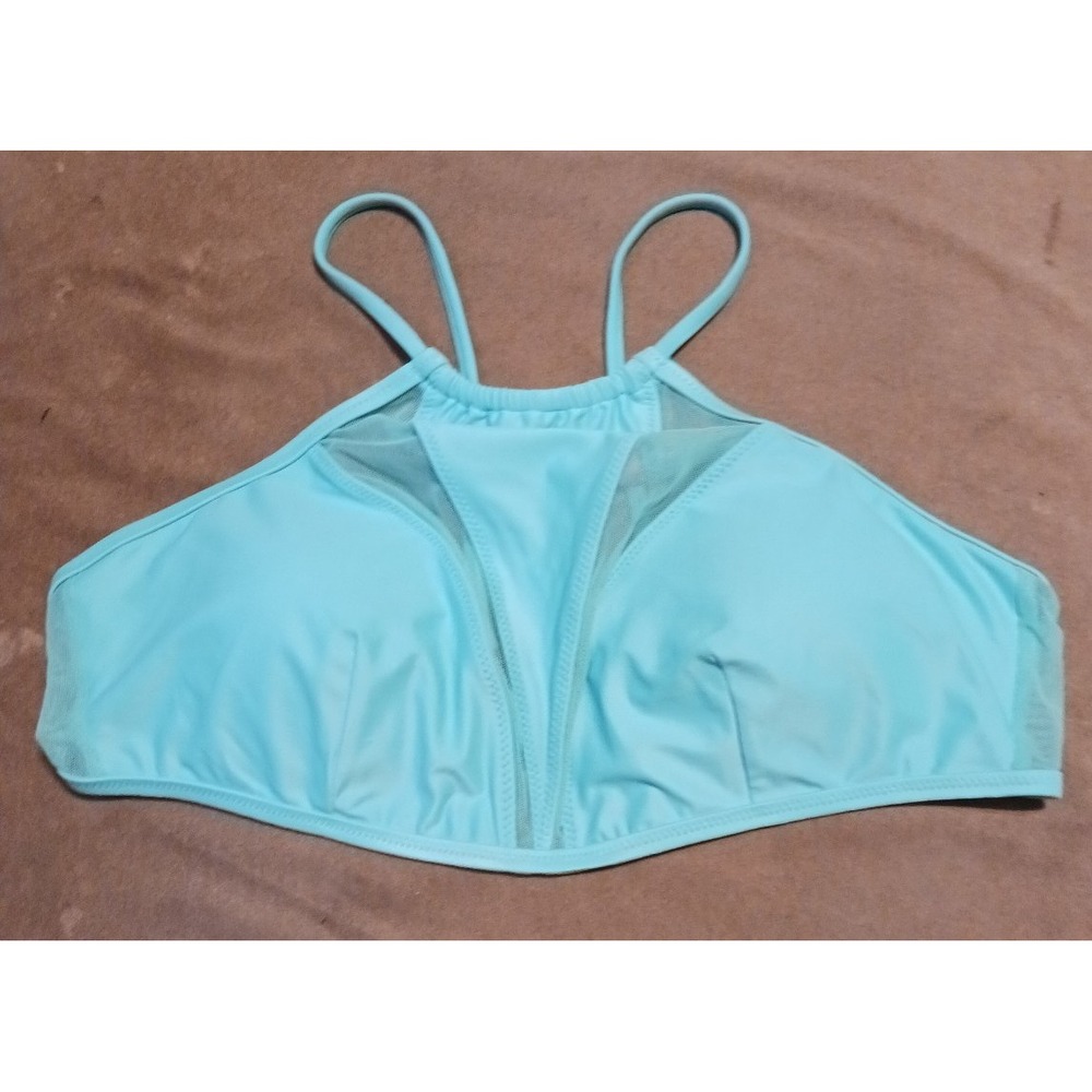 NEW Mae‎ Turquiose Mesh Detailed High Neck Halter Bikini Top, Size Large